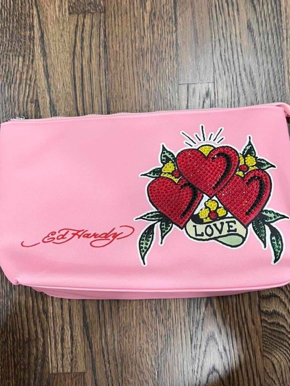 ed hardy pink hearts love makeup cosmetic toiletry bag bedazzled rhinestone y2k